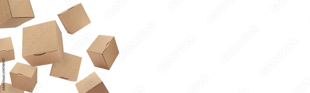 Business e-commerce online shopping concept with a group of product box order. Marketplace and transport.long banner. yellow white background