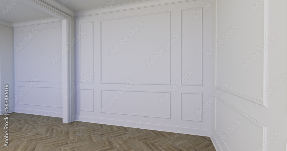 Fototapeta premium Puste wnętrze w stylu klasycznym. Sztukaterie ozdobne na ścianach. Render 3D