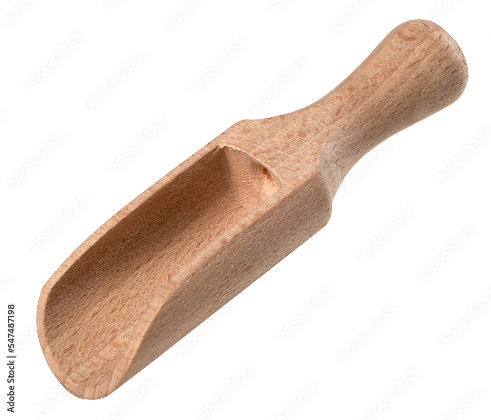 A wooden scoop used in a home kitchen on an isolated background. A wooden scoop used in a home kitchen on an isolated background.