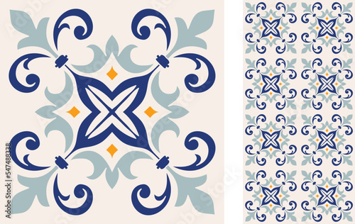Seamless Azulejo tile. Portuguese and Spain decor. Ceramic tile. Seamless Floral pattern. Vector hand drawn illustration, typical portuguese and spanish tile