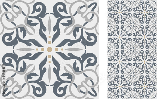Seamless Azulejo tile. Portuguese and Spain decor. Ceramic tile. Seamless Floral pattern. Vector hand drawn illustration, typical portuguese and spanish tile