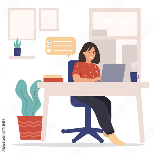 Girl with laptop sitting on the chair. Freelance, remote working or studying concept. Cute illustration in flat style.