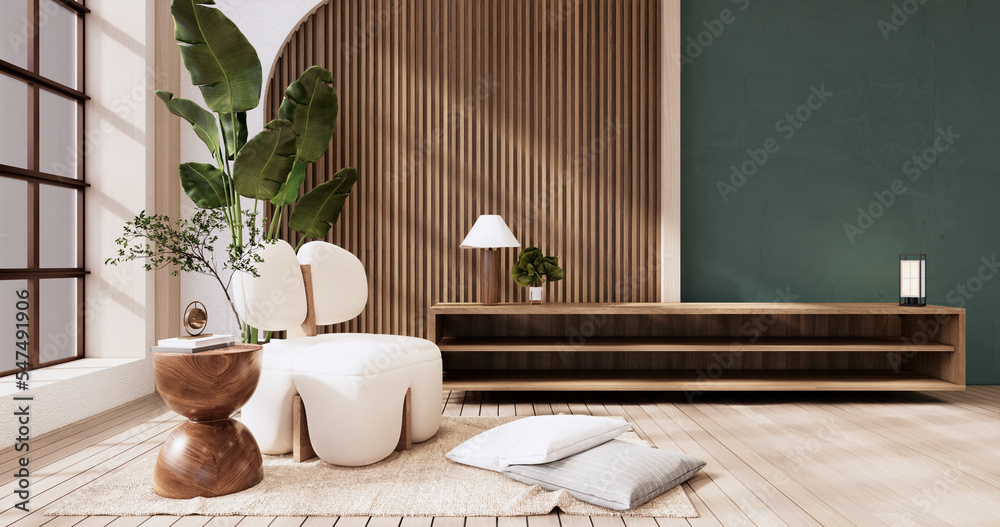 Wooden Cabinet on muji green room wooden interior. 3D rendering
