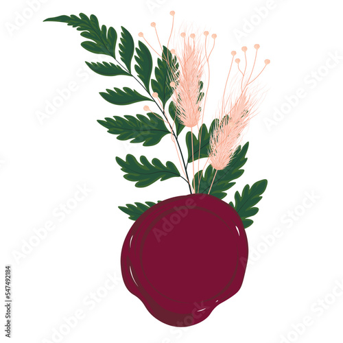 Botanical arrangement of leaves branches and blooming flowers. Vector ornamental herbs in boutonniere and bouquet. Wedding design. Vector stock illustration.