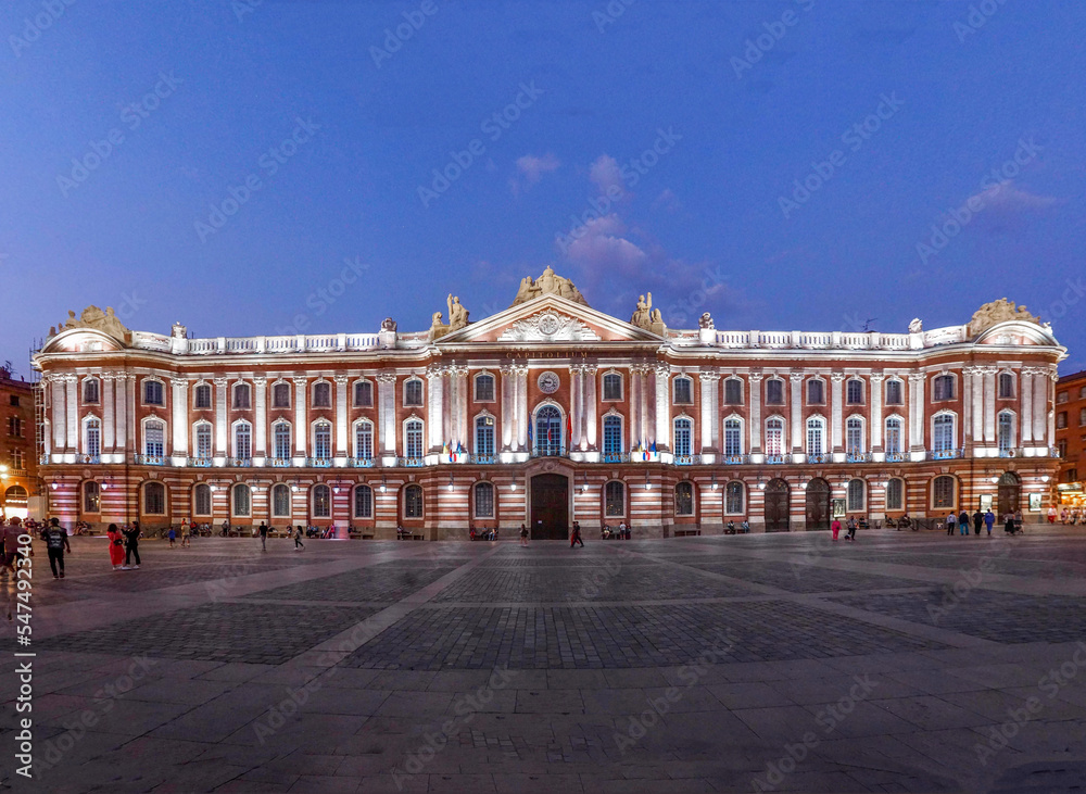 Night panorama of the Capitol Square Toulouse City Hall, Southwestern France.