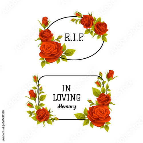 Funeral Red Rose Frame with Quote and Inscription Vector Set