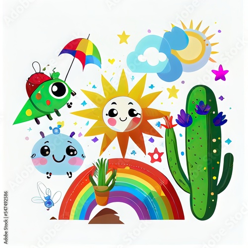 Nature digital illustration. Kite  star  lady bug  cactus  sun and rainbow digital illustration in white background.