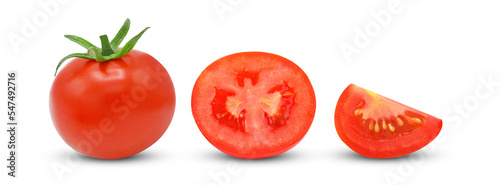 Whole tomato and slices isolated on white background.