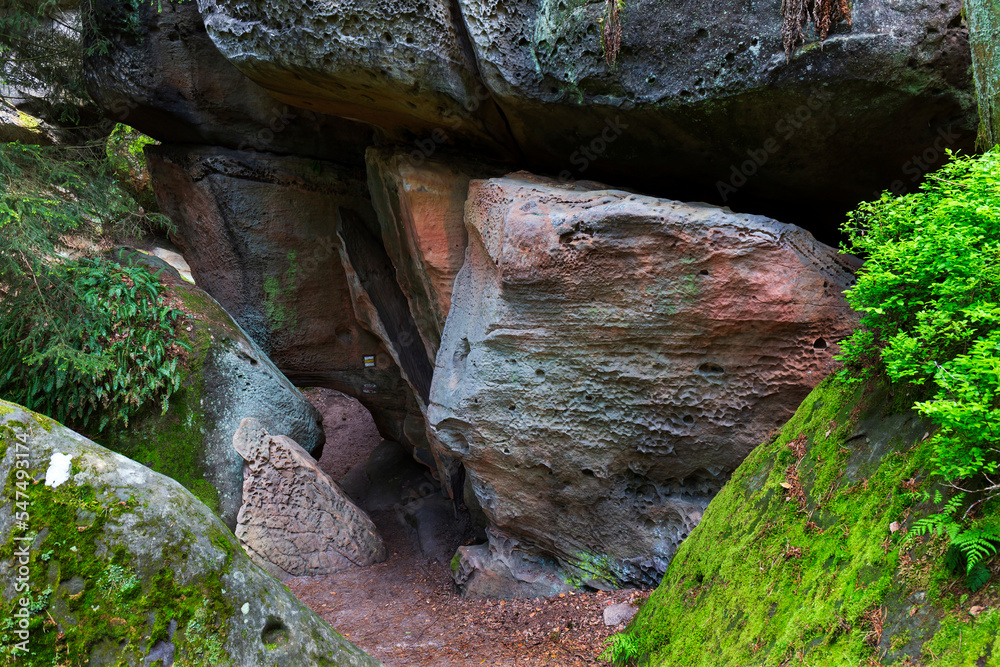 Beautiful sandstone Rocks in Czech Paradise, clear green Nature, Mala Skala, Little Rock, Czech Republic
