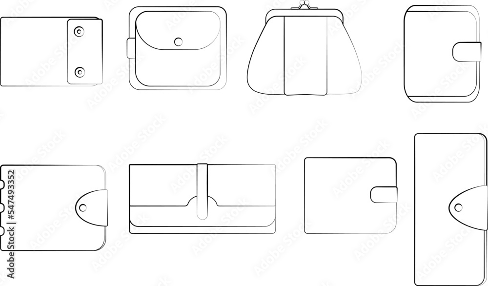 A set of wallets of different styles. Line drawing of wallets