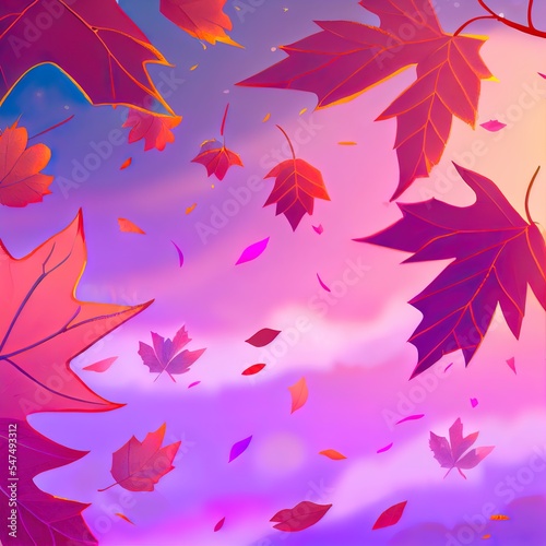 Violet mix pink wallpaper. Sweet pastel sky with fall leaves. © AkuAku