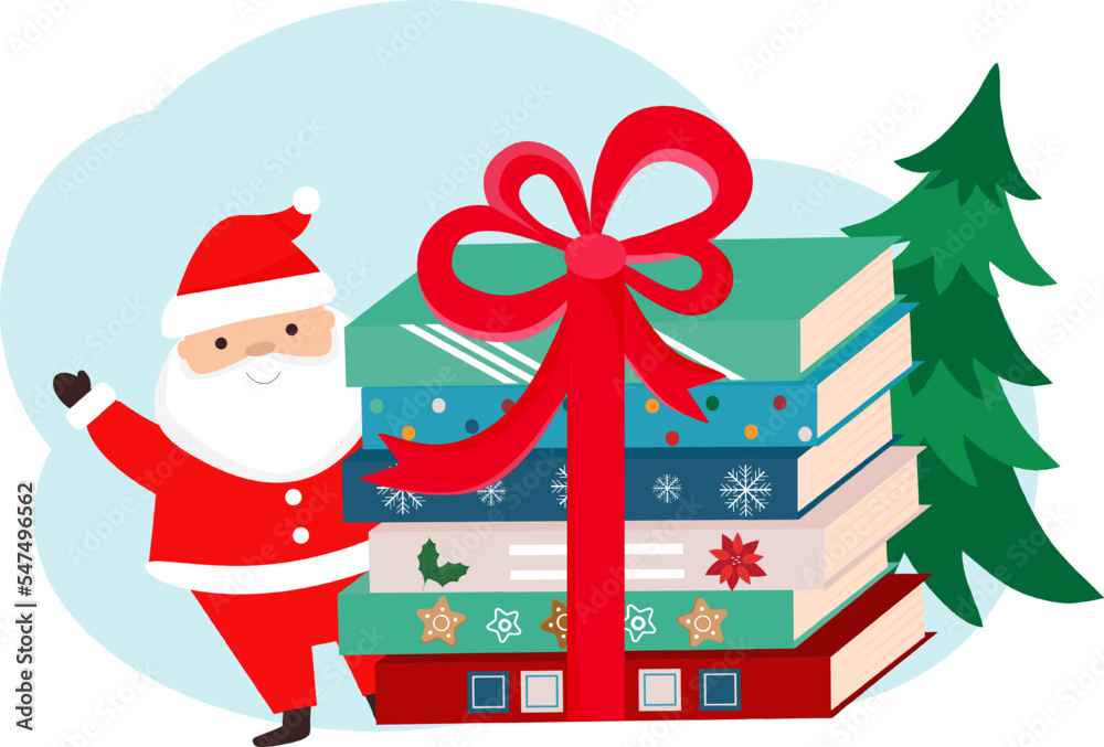 Santa Claus is standing near the stack of books. Christmas books. Book sale. Vector illustration for book shop, store, library. Santa Claus is standing near the stack of books. Christmas books. Book sale. Vector illustration for book shop, store, library.