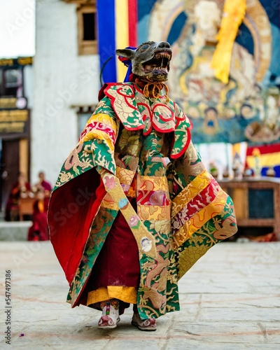 Tibetan Buddhist in traditional demon ghost clothing for ritual dance at the Tiji Festival in Nepal. photo