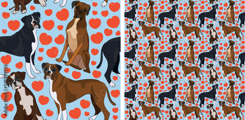 Pattern design with hearts, funny Boxer dogs doodles, and seamless pattern. T-shirt textile, wallpaper, wrapping paper, background graphic design with hearts, blue kids background. Valentine's Day.