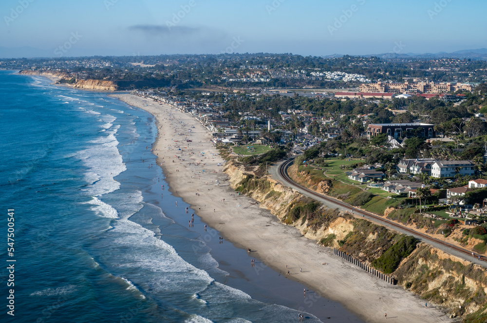 Aerial view Powerhouse park, train tracks, and coastline in San Diego California along the Del Mar bluffs Aerial view Powerhouse park, train tracks, and coastline in San Diego California along the Del Mar bluffs