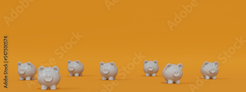 Scattered white Piggy Banks in front of orange background