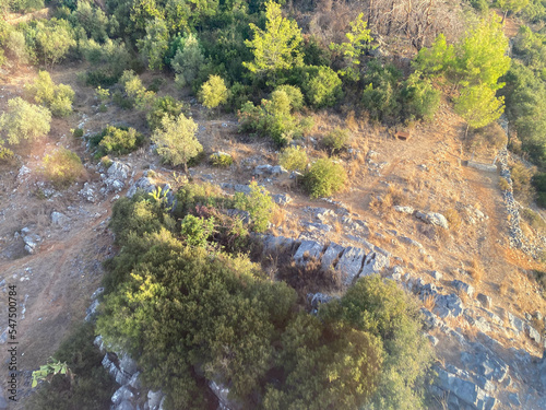 Top view of a mountain landscape with stones in a warm tropical oriental country southern resort. Background  texture