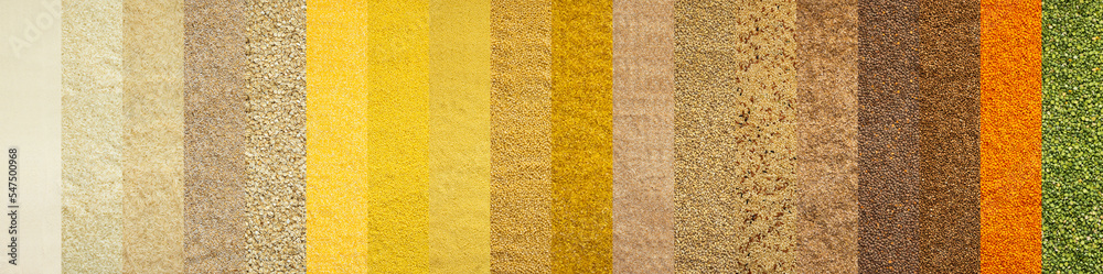 Various grain cereals banner, top view, wheat and oats, rice and peas, lentils and couscous and others Various grain cereals banner, top view, wheat and oats, rice and peas, lentils and couscous and others