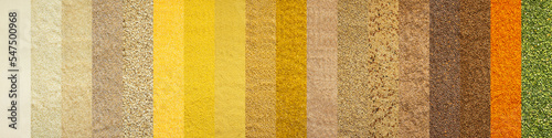 Various grain cereals banner, top view, wheat and oats, rice and peas, lentils and couscous and others