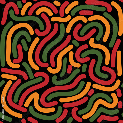 Abstract seamless pattern background,  line doodle shapes in colors of African American flag - red yellow green on black backdrop. Kwanzaa, Juneteenth, Black history month wallpaper