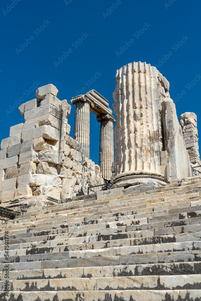 Obraz premium Ruins and inner staircase of Apollo Temple in Didim, Didyma ancient city, Aydin, Turkey, from inner sanctuary on blue sky background. Copy space for text, vertical photography.