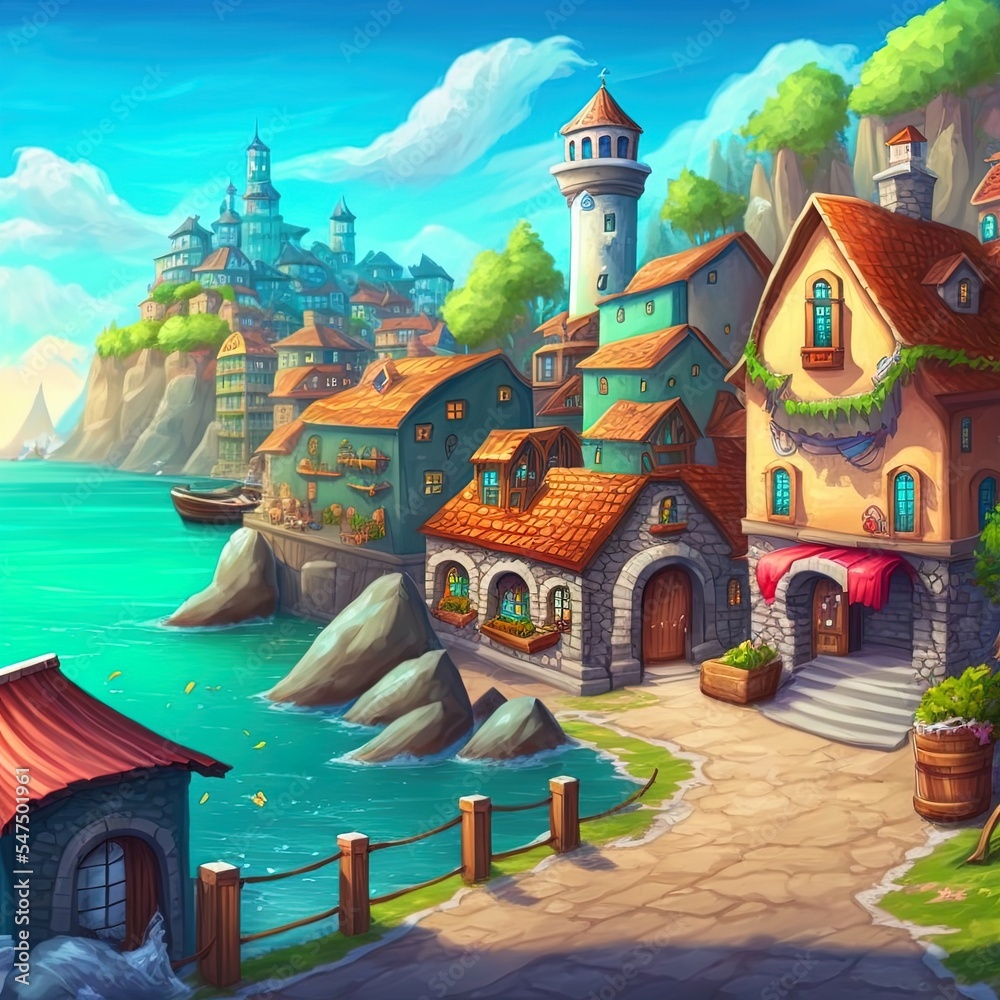 Sea Town, Seaside, Beach and Coast. Fantasy Backdrop. Concept Art. Realistic Illustration. Video Game Digital CG Artwork Background. Natural Scenery.