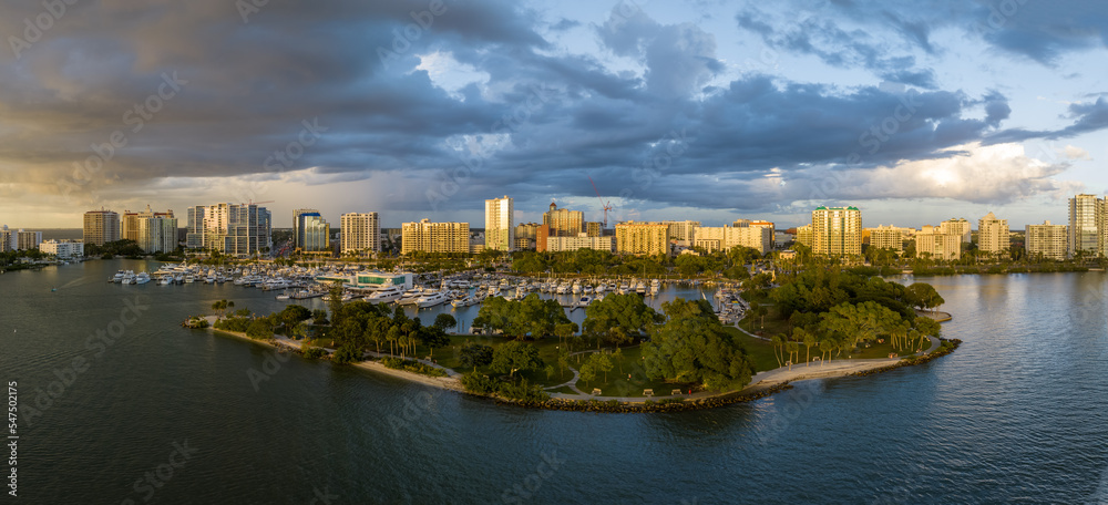 Sarasota Bayfront Marina at golden hour drone shot