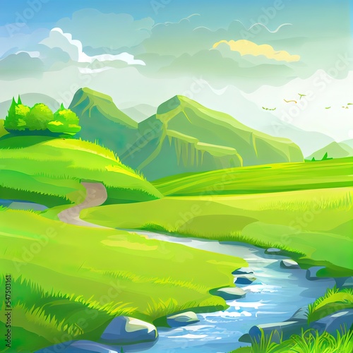cartoon illustration image of natural scenery and green grass