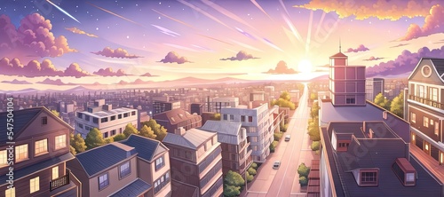 Art for anime series. City. SunSet. AI generated art illustration. #547504104