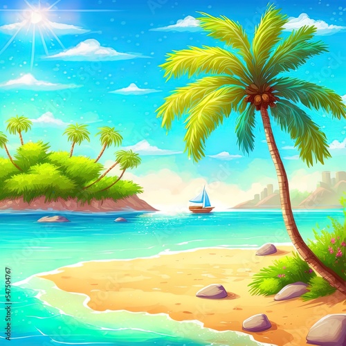 Sunny day on tropical sandy beach. Palm trees and sea paradise holidays. Cartoon nature illustration