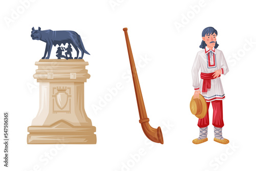 Romania Traditional Symbol with Capitoline Wolf Statue, Alphorn and Man in Ethnic Clothes Vector Set