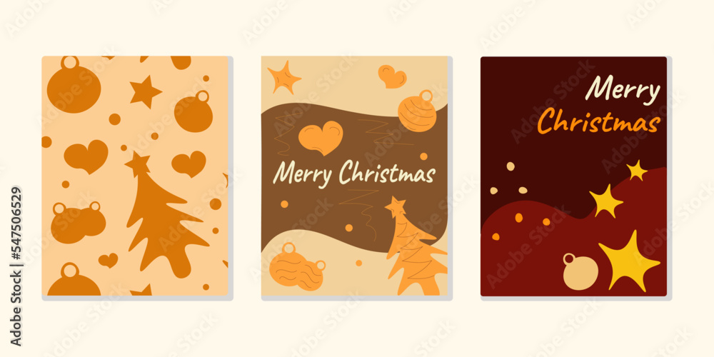 Christmas postcard set in beige tones. Orange, burgundy colors. Vector illustration.