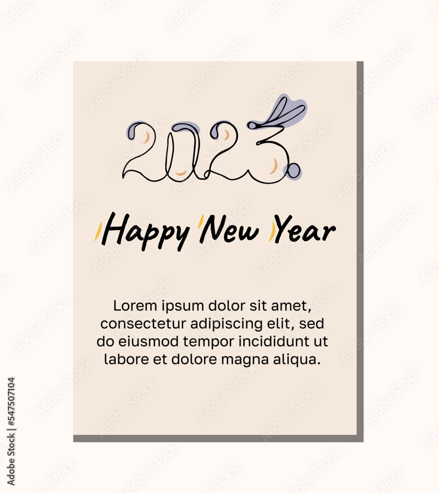 New year card with hare ears and text 2023. Lineart Vector illustration.