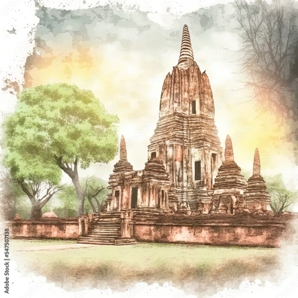 Fototapeta premium ancient temple at sukothai,Thailandwater color painting filter