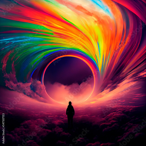 Rainbow portal to another dimension. A man in front of the portal. High quality illustration