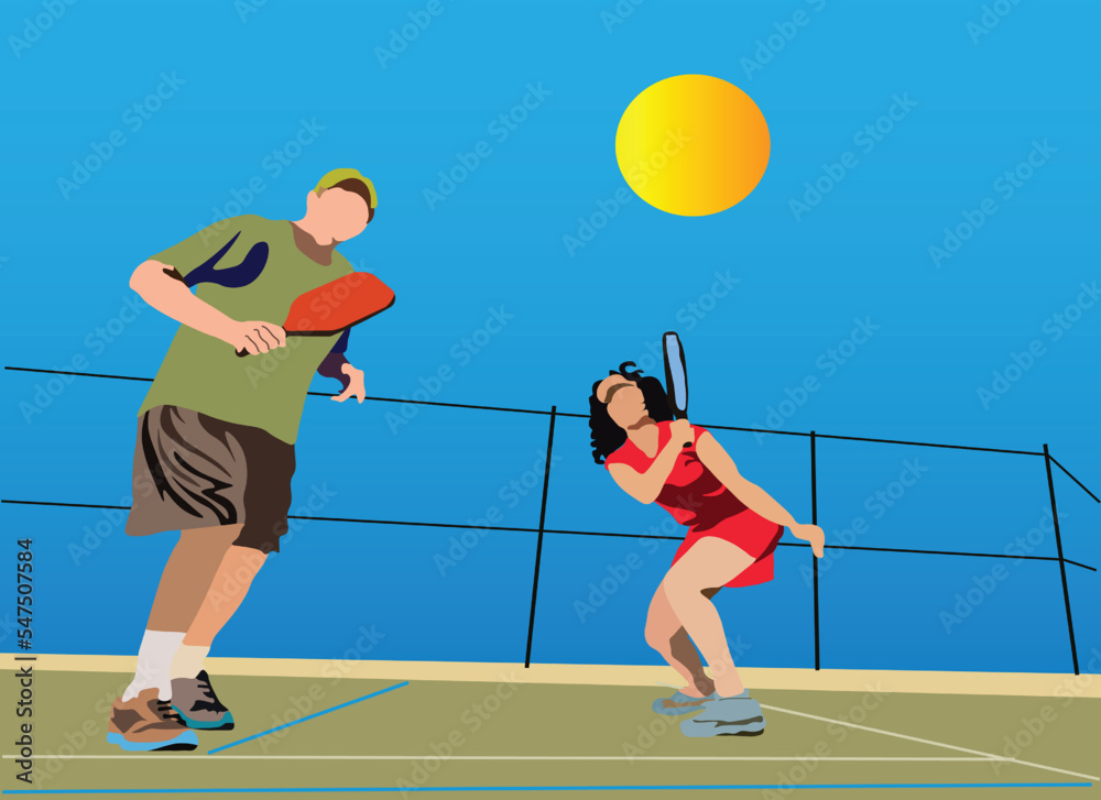 Two people hitting a pickleball seen from the front and the ball looks very close