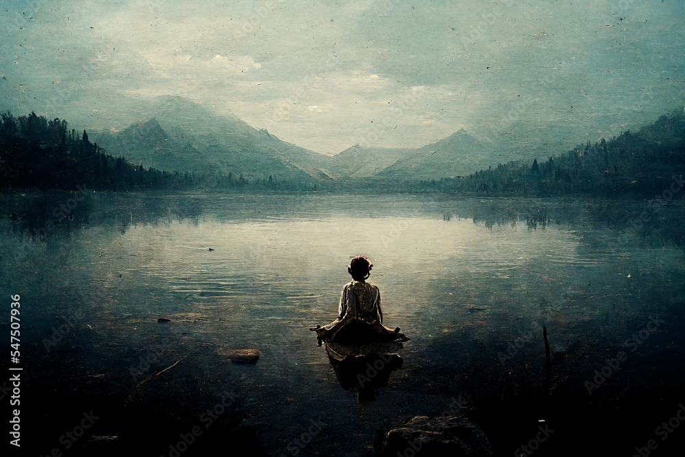 beautiful illustration of a woman sitting on a calm lake meditating in peace