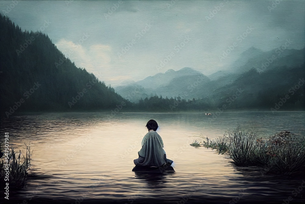 beautiful illustration of a woman sitting on a calm lake meditating in peace