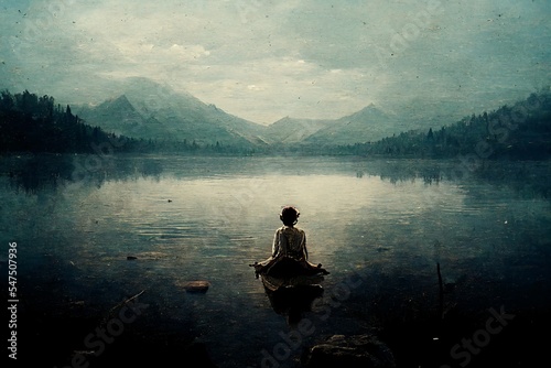 beautiful illustration of a woman sitting on a calm lake meditating in peace © ReiterPhotography