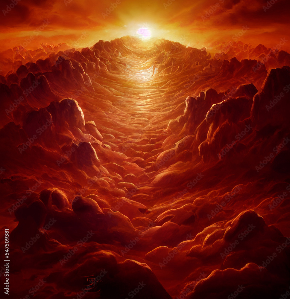 Bright golden sunset fiery sky with lots of clouds, a road of clouds. High quality illustration
