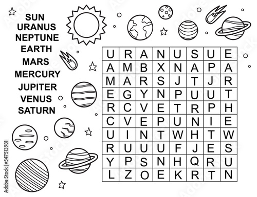Space word search. Find words in a table. Educational crossword game. Printable activity worksheet. Coloring page. Solar system. Learning planets. Vector illustration.