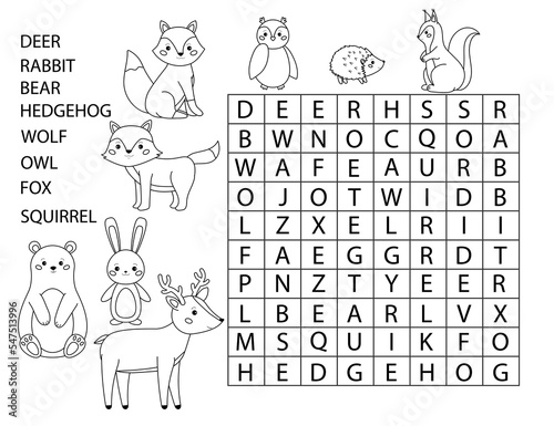 Coloring page with word search. Forest animals. Cute cartoon characters. Educational game for kids. Printable crossword. Learn English. Vector illustration.