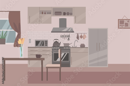 Kitchen with furniture  window and table. Flat style vector illustration