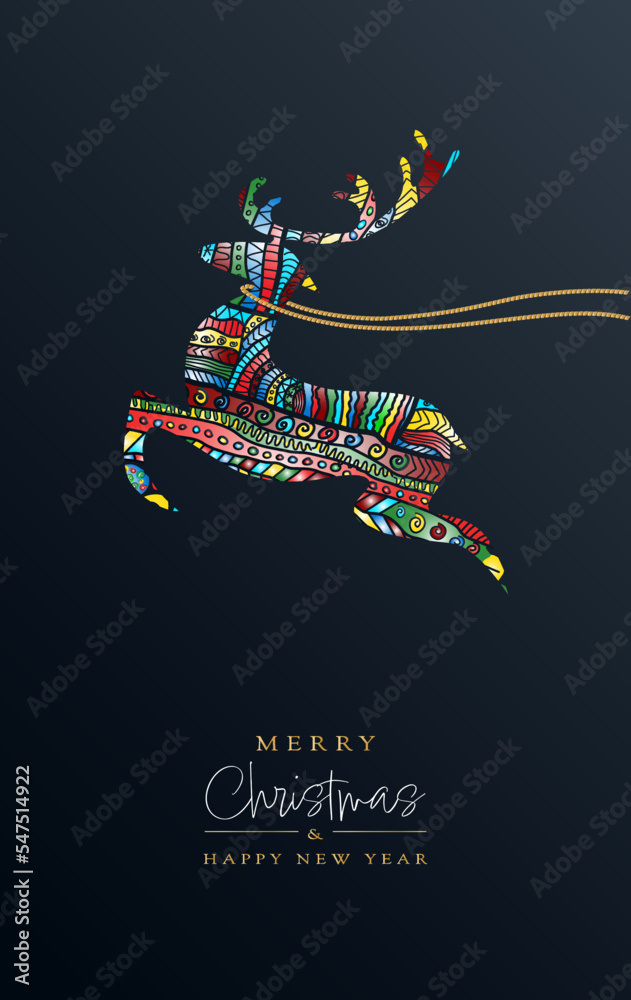 Christmas greeting card - original colourful reindeer ornament on dark background - Merry Christmas and happy new year Christmas greeting card - original colourful reindeer ornament on dark background - Merry Christmas and happy new year
