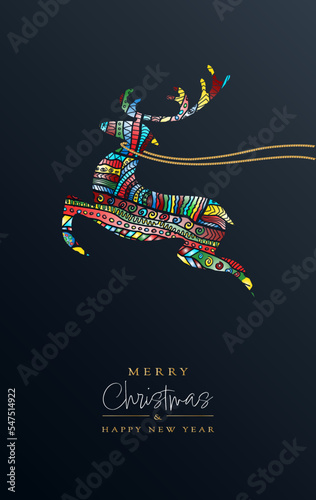 Christmas greeting card - original colourful reindeer ornament on dark background - Merry Christmas and happy new year