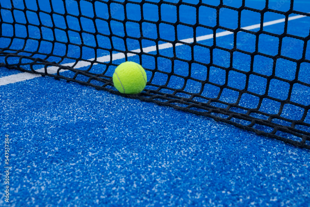 paddle tennis ball by the net of a paddle tennis court