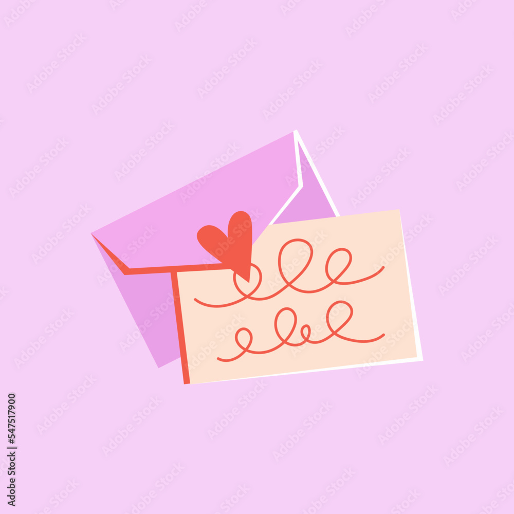 Happy Valentine's day pink mail with red heart. Open envelope with a love letter inside. Messages of love, fraternity or friendship. Letters Be my Valentine. Congratulations envelope. Flat vector.