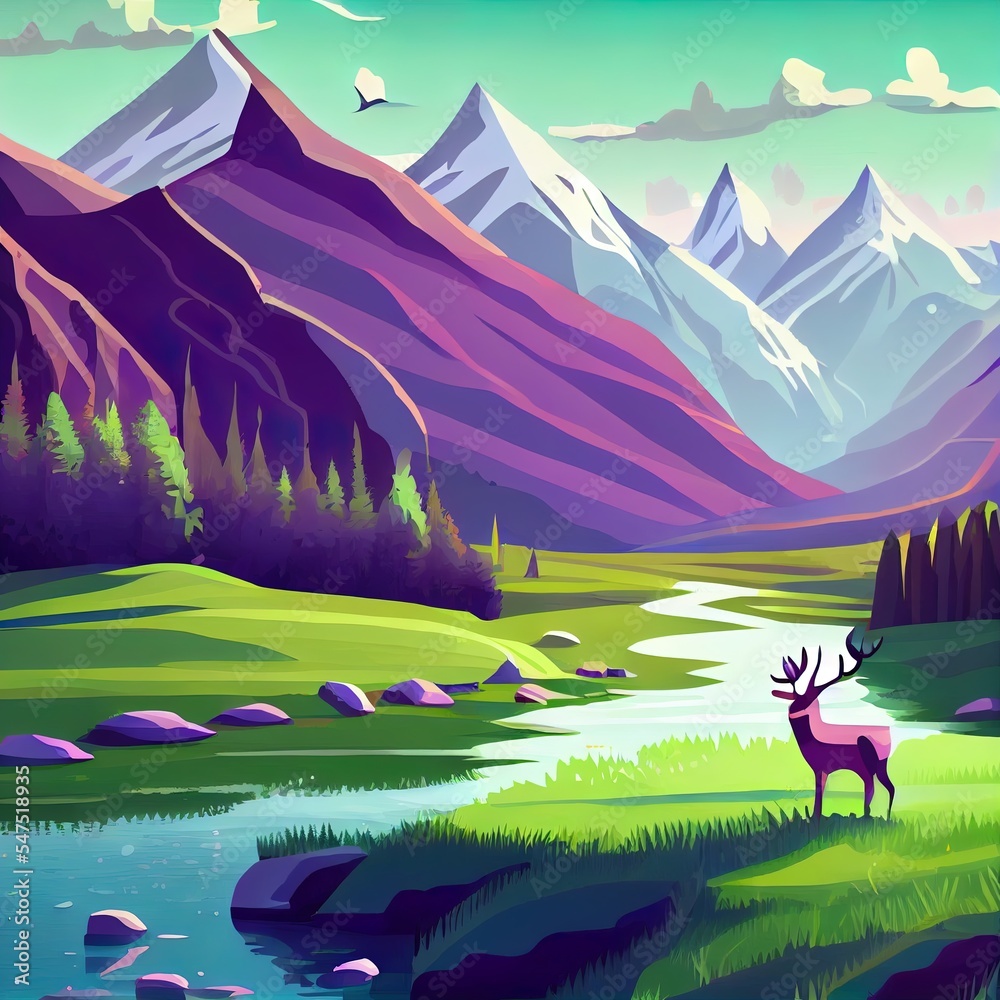 Fototapeta premium Beautiful green scenery with purple mountains, river,deer