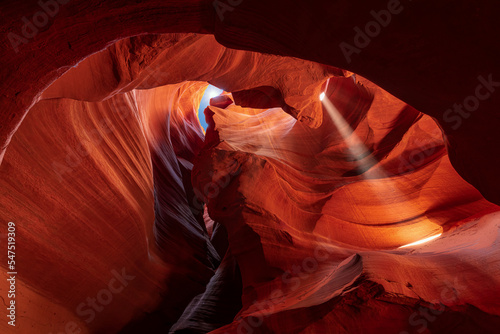 Famous midday sun ray in a slot canyon Antelope. The Navajo reservation, Arizona, USA