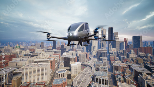 Fotografie, Tablou Autonomous driverless aerial vehicle fly across city, 3d render